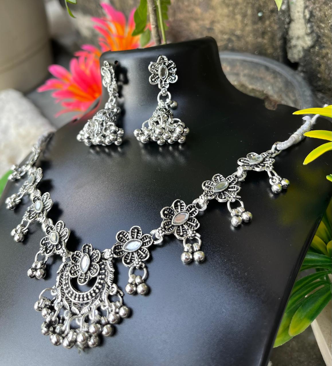 Silver Oxidised Necklace with Earrings