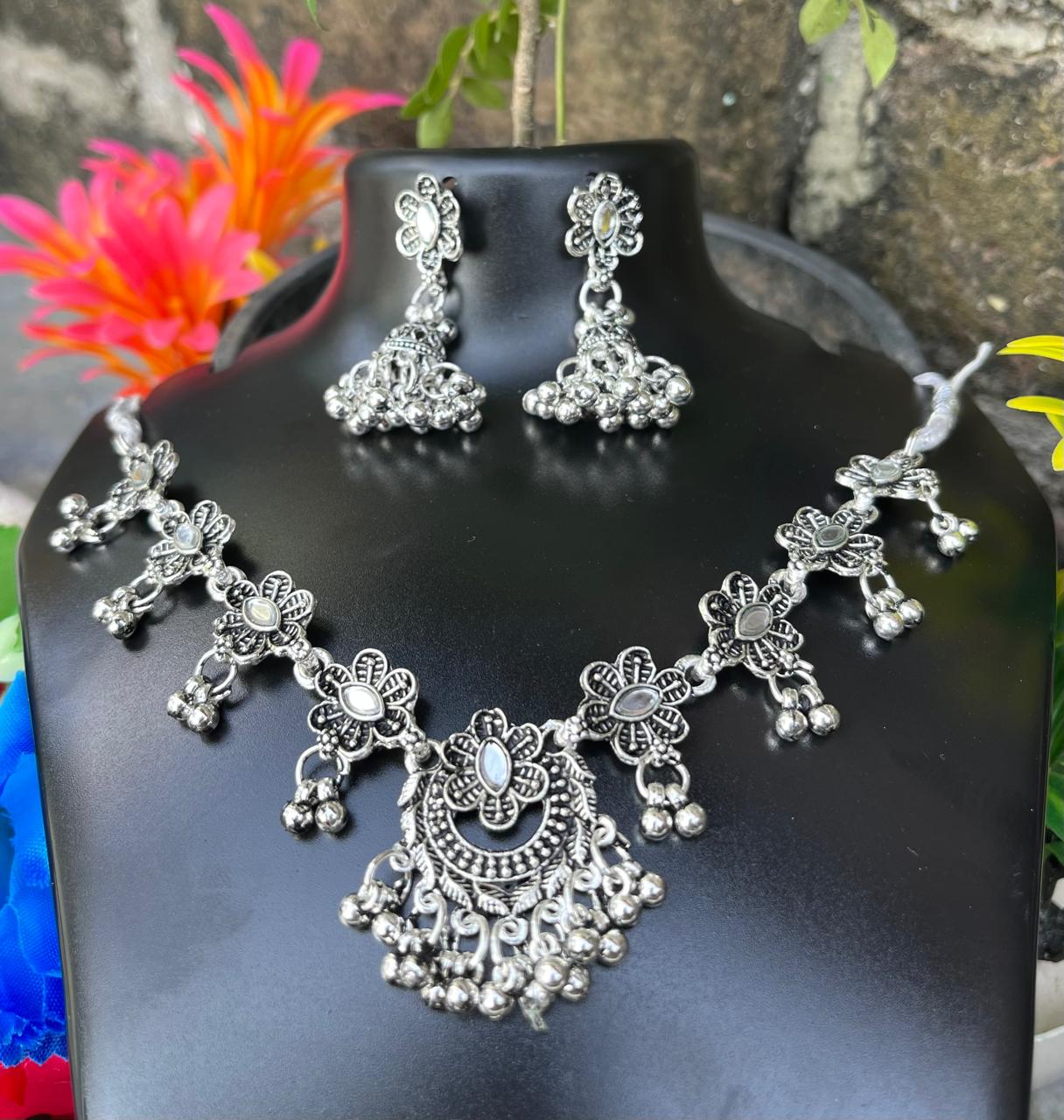 Silver Oxidised Necklace with Earrings