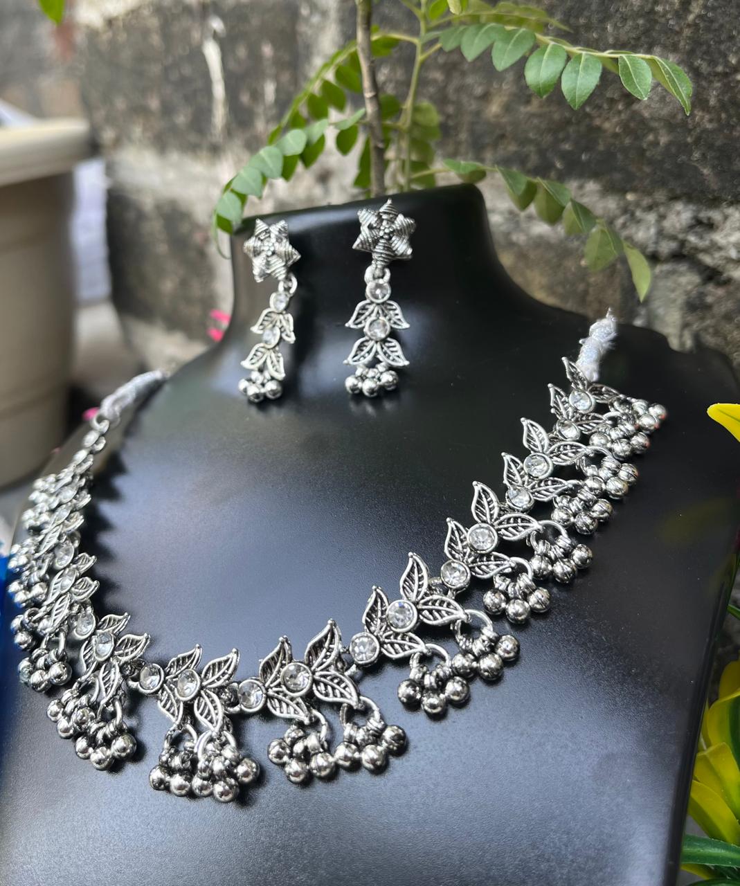 Antique Oxidised Silver Plated Tribal Jewellery Necklace Earring Set for Women & Girls